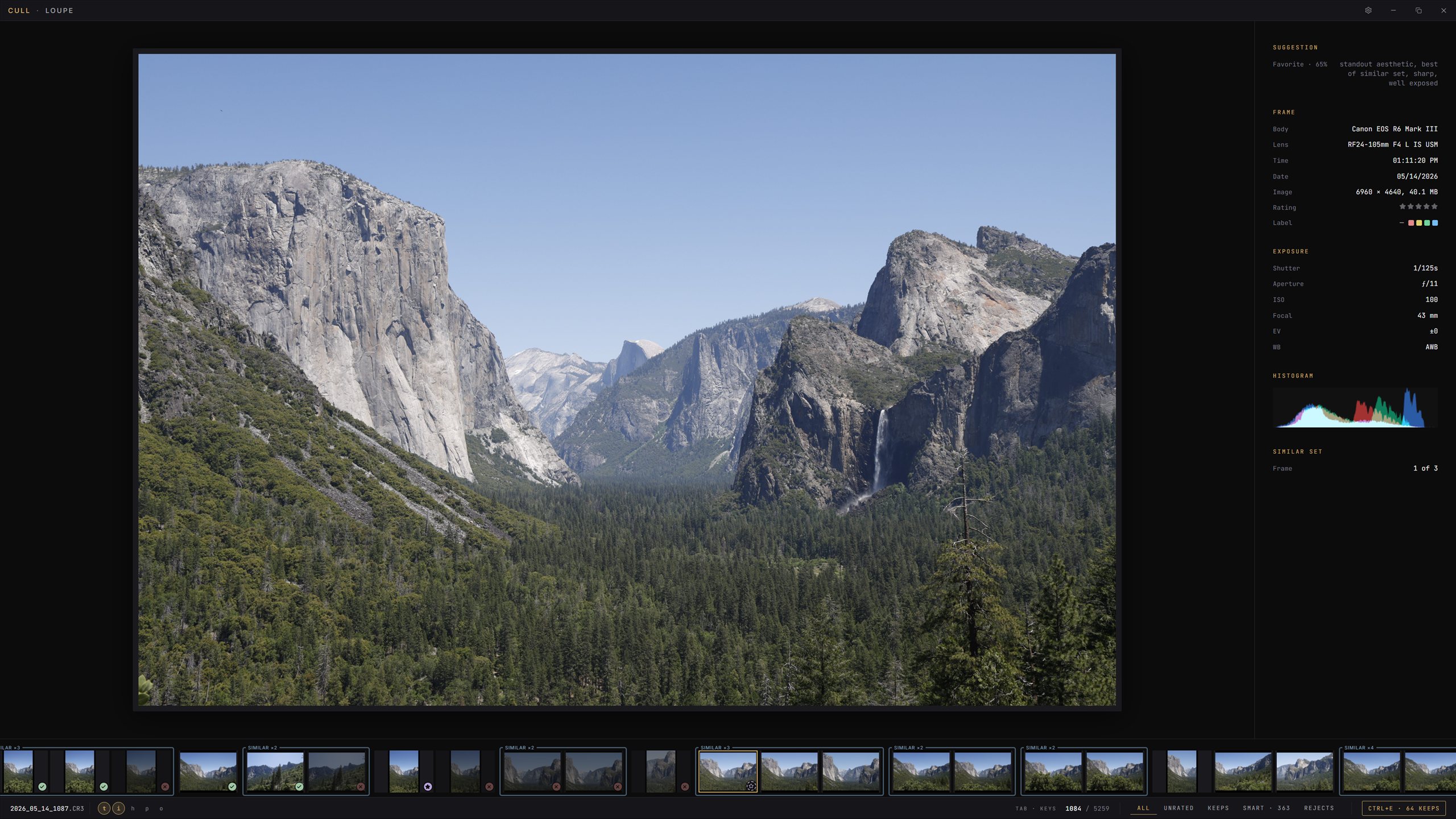 CULL's loupe view: a photograph fills the window, a thumbnail strip runs along the bottom, and the status bar shows the verdict and position.